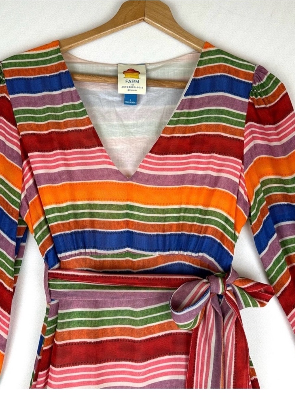 FARM Rio Luana Rainbow Multicolor Striped V-Neck Midi Dress - Red, Green, Blue - Picture 4 of 9